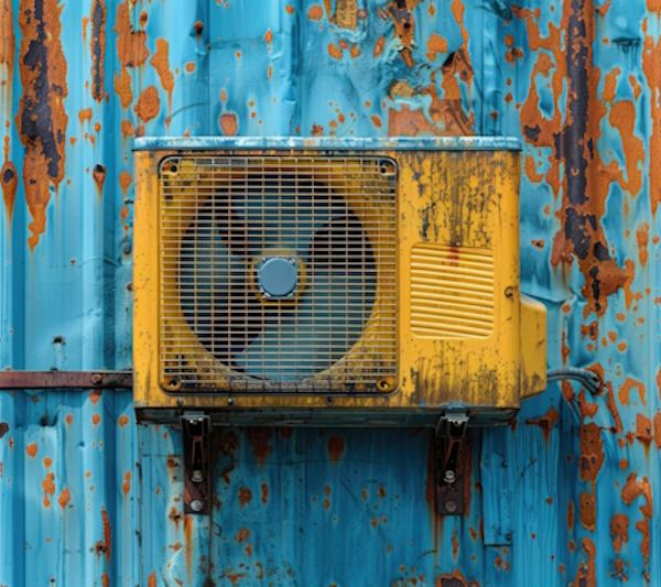 weathered yellow air conditioning unit mounted rusty blue corrugated metal wall פתרונות טבעיים לשמירה על הגוף בקיץ והרגשה נהדרת